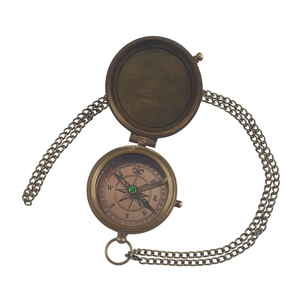 Antique Nautical Brass Pocket Compass Engraved (Way Home)