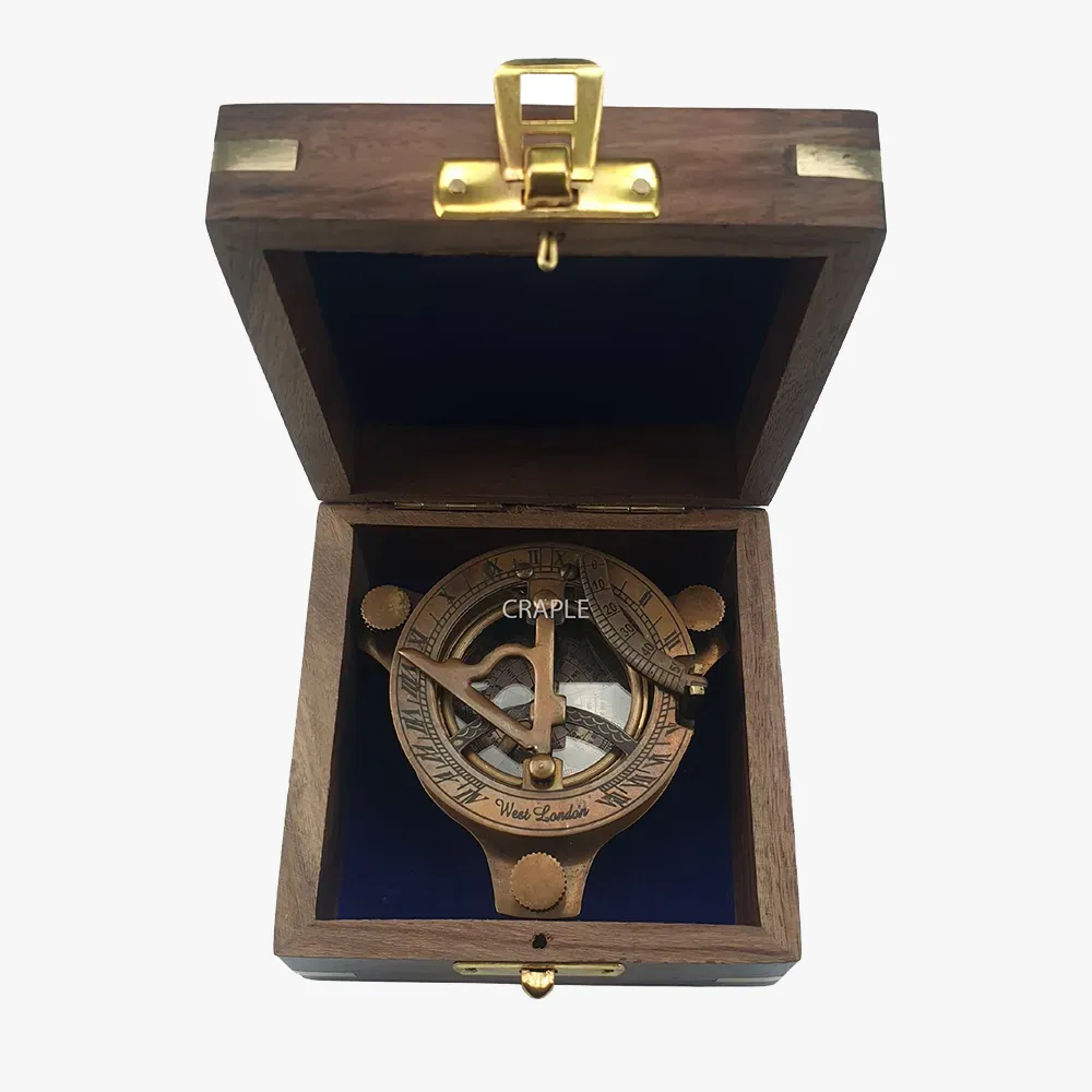 Marine Sundial Compass with Wooden Box Vintage Brass Ship Navigate Dev –  EveryMarket